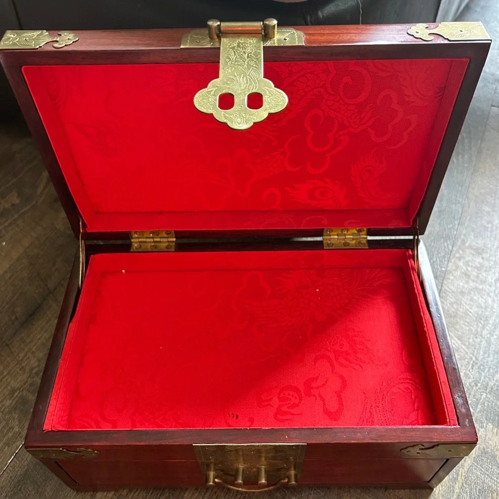 Vintage Chinese Rosewood Hongmu Jewelry Box Brass Hardware Red Silk Lining 12in